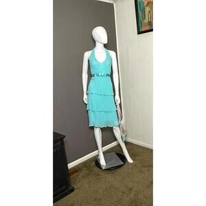 Y2K Aqua Silk Chiffon Halter Dress from Nine West size 14 Beaded Ruffles